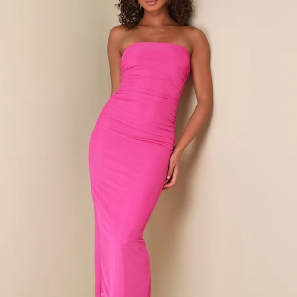Lulu's Late Night Crush Pink Ruched Strapless Midi Dress